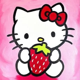 Jazzy Sweet Treats logo featuring an illustrated Hello Kitty holding a red strawberry on a bright pink brushstroke background.